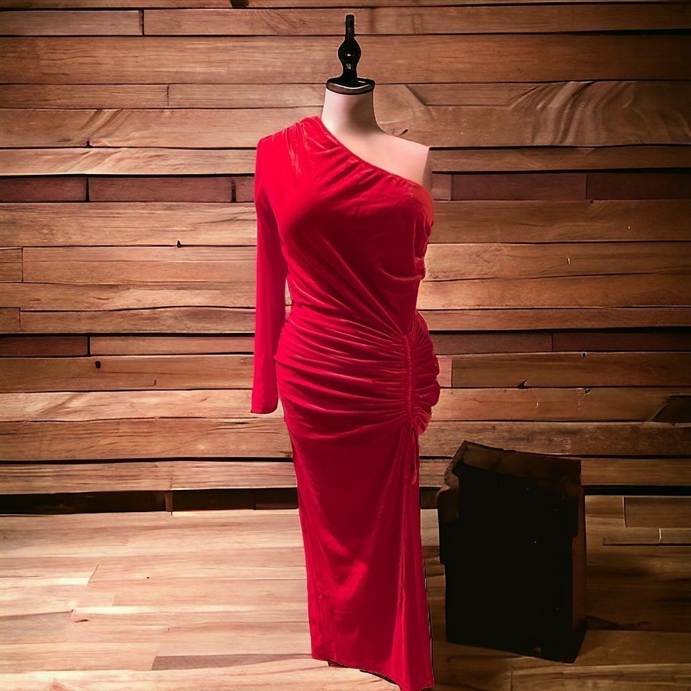 NWT Large red one sleeve long velvet dress. Pretty Garden
